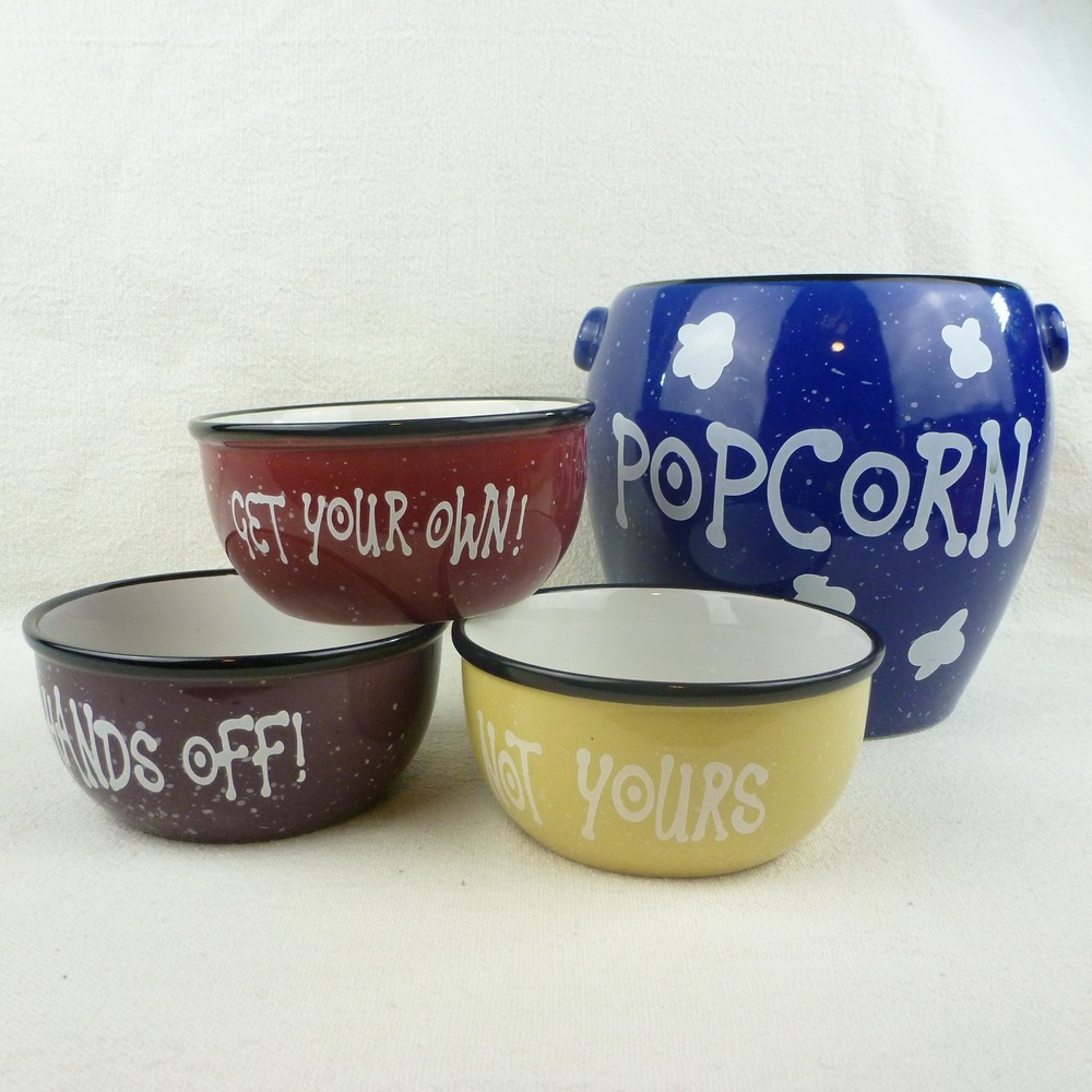 WMG 2004 Ceramic Popcorn Bucket and 3 Individual Serving Bowls Set Multi
